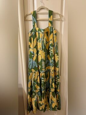 FARM Rio Green Maxi Skirt with Yellow and Blue Tropical Print